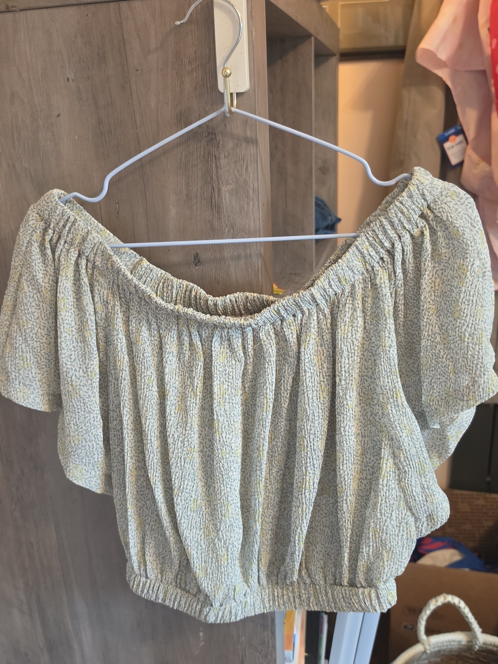 By Together Sage Green Off-Shoulder Smocked Crop Top